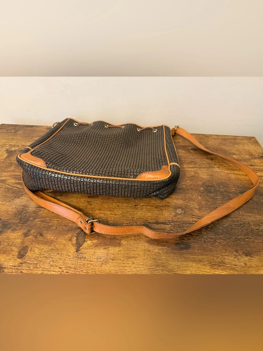 Vintage Ted Lapidus Crossbody Bucket Bag with Tan Trim